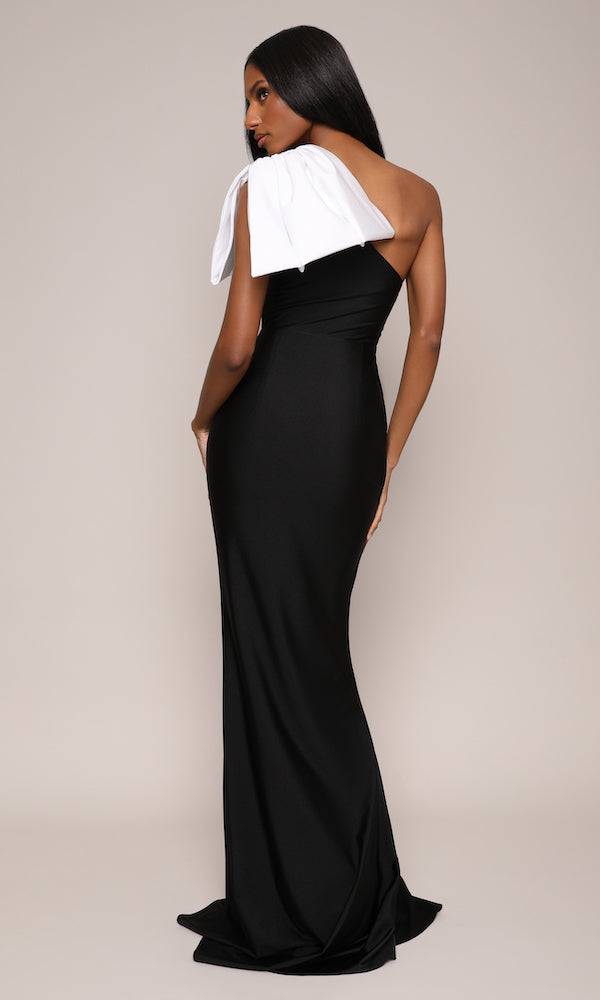 Jersey Two-Tone Bow Gown-Black/White
