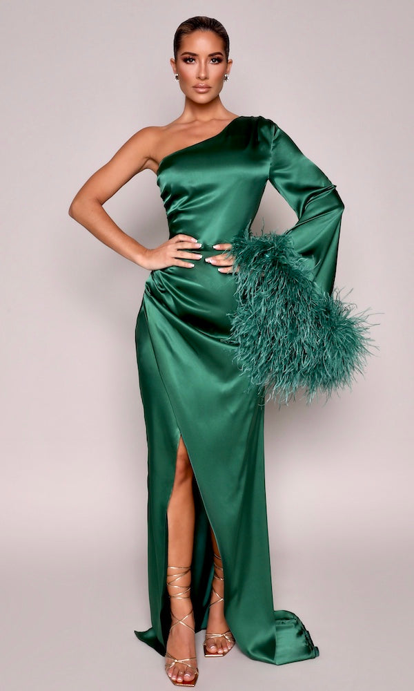 Ava Feather Trimmed Silk Gown- Emerald