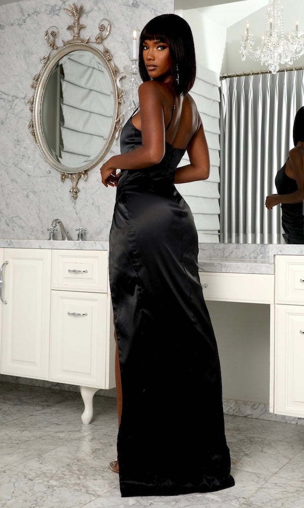 Amber Satin Slip Evening Gown- Black