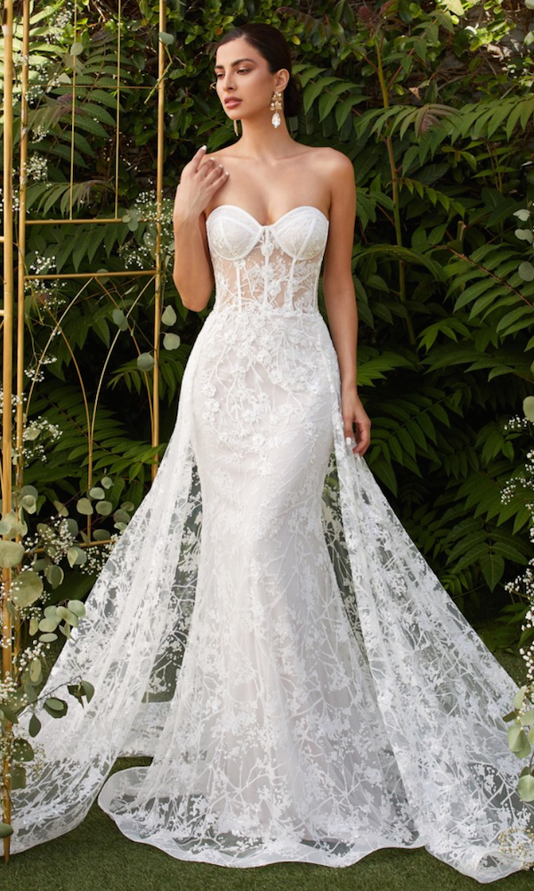 Appliqué Strapless Gown with Tulle Overskirt- Off-White