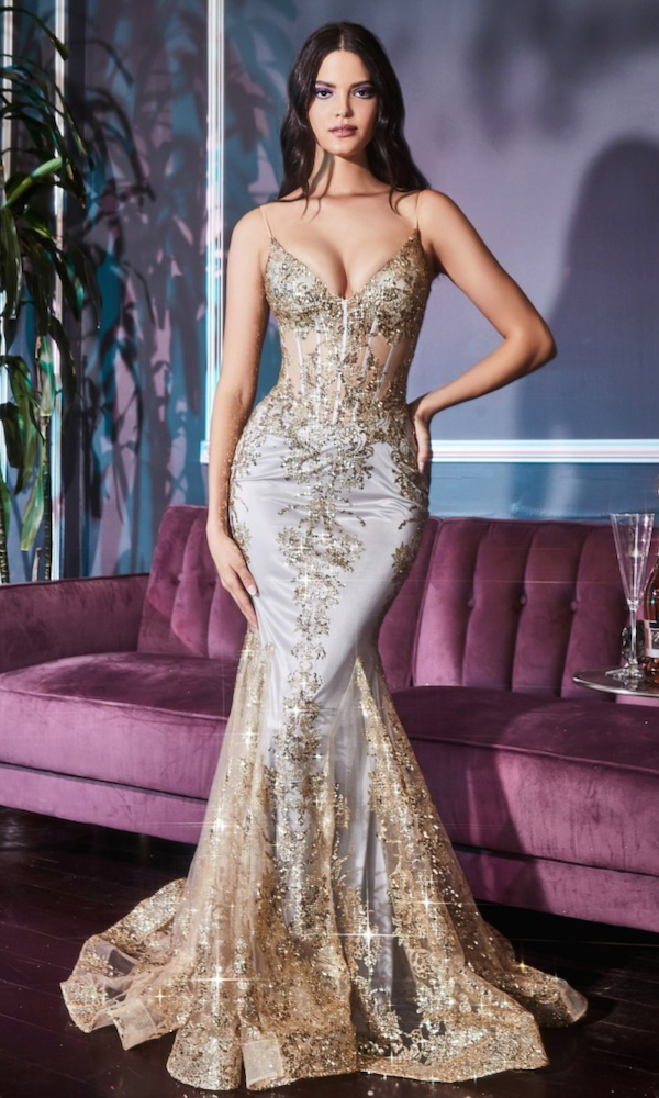 Shimmer Corset Bodice Mermaid Evening Gown Gold Mist Moda Glam
