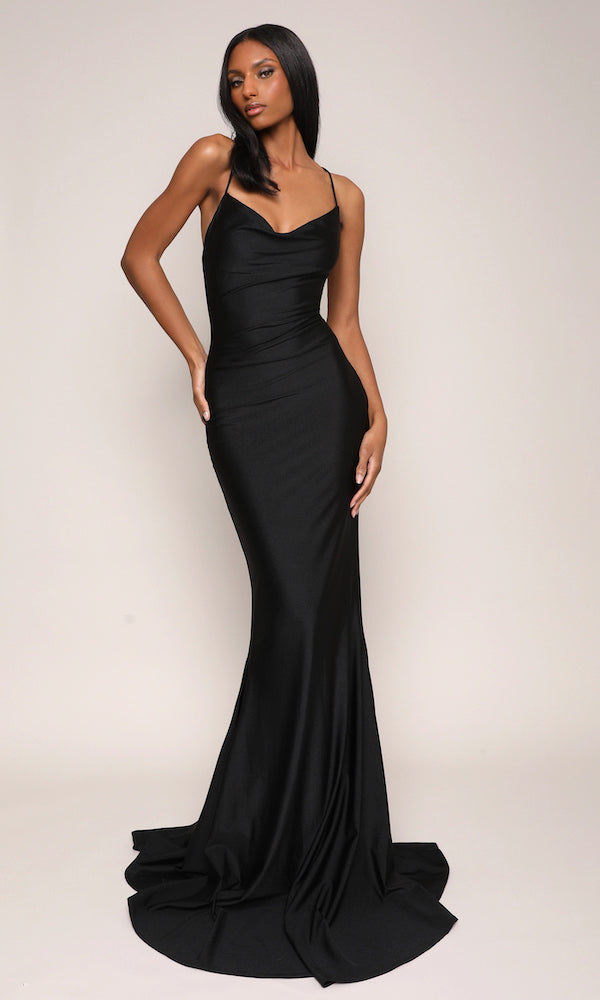 Jersey Draped Neck Gown- Black
