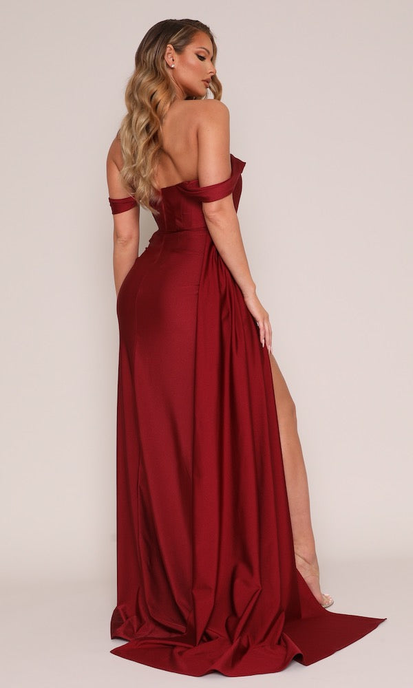 Jersey Corset Gown w/ Sash- Cabernet Red