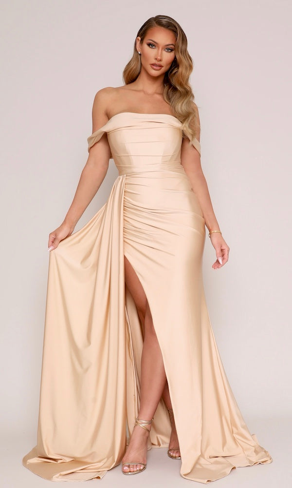 Jersey Corset Gown w/ Sash- Champagne