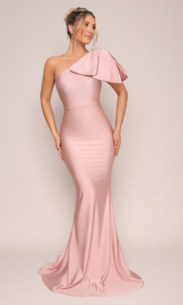 Jersey One-Shoulder Bow Gown- Blush