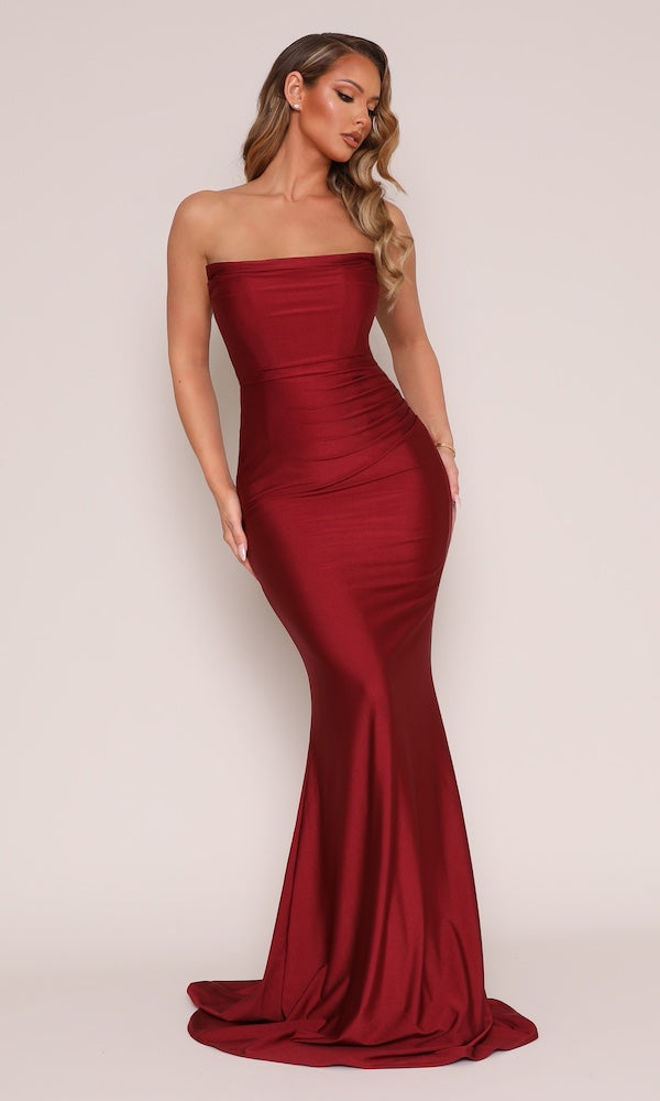 Jersey Strapless Corset Gown- Cabernet Red