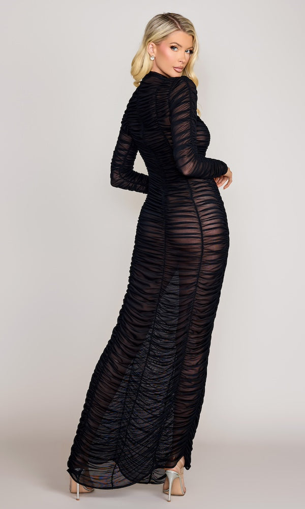 Mirage Sheer Ruched Gown-Black