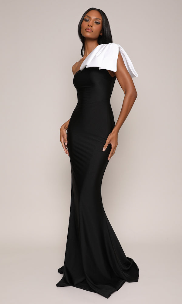 Jersey Two-Tone Bow Gown-Black/White