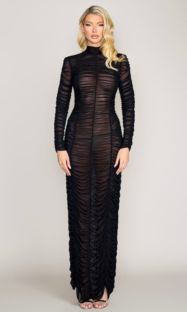 Mirage Sheer Ruched Gown-Black