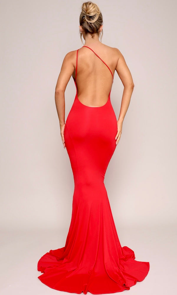 Slinky One-Shoulder Gown- Red