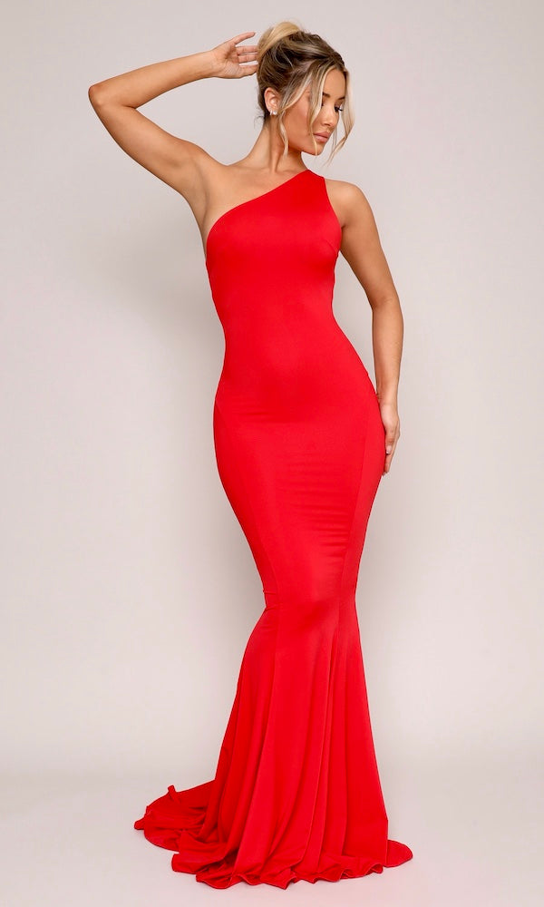 Slinky One-Shoulder Gown- Red