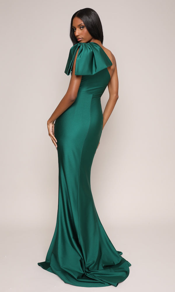 Jersey One-Shoulder Bow Gown- Emerald