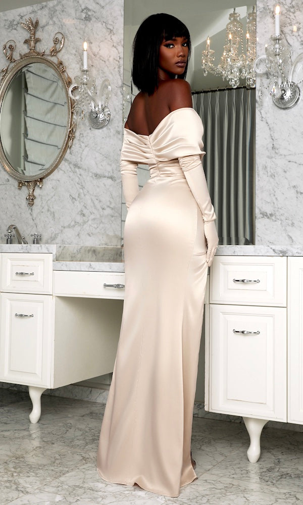 Off the Shoulder Champagne Satin Prom Dresses, Champagne Long Formal E -  shegown