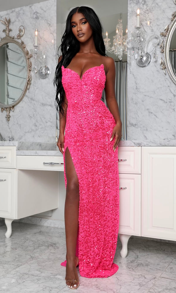 'Dita' Strapless Sequin Embellished Velvet Gown- Hot Pink