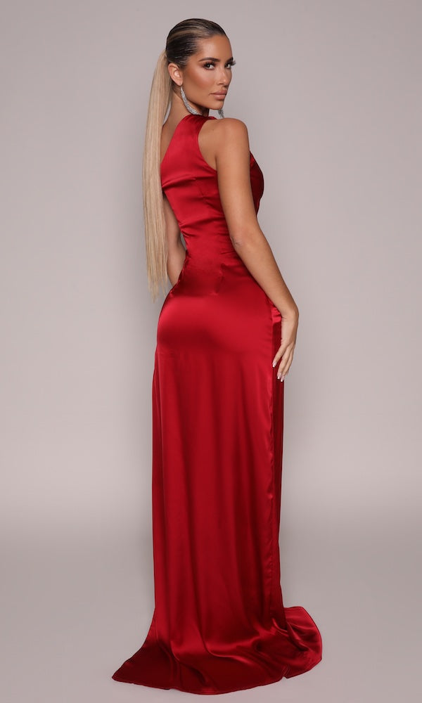 Ivy One-Shoulder Asymmetric Ruched Gown- Deep Red