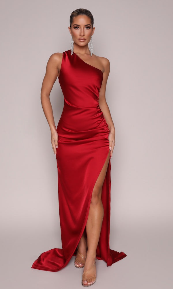 Ivy One-Shoulder Asymmetric Ruched Gown- Deep Red