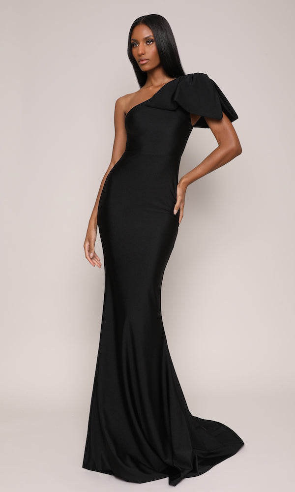 Jersey One-Shoulder Bow Gown- Black