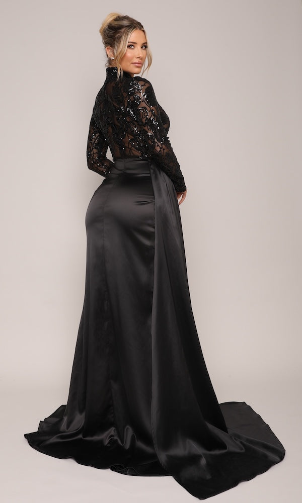 Monaco Sheer Sequin and Satin Gown with Sash- Black