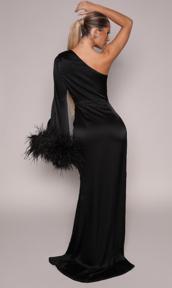 Ava Feather Trimmed Silk Gown- Black