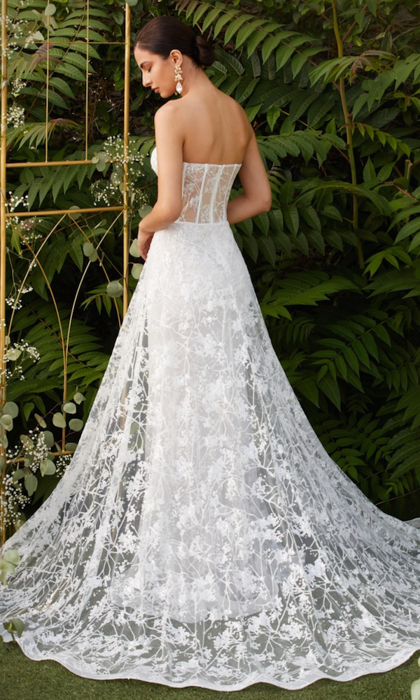 Appliqué Strapless Gown with Tulle Overskirt- Off-White
