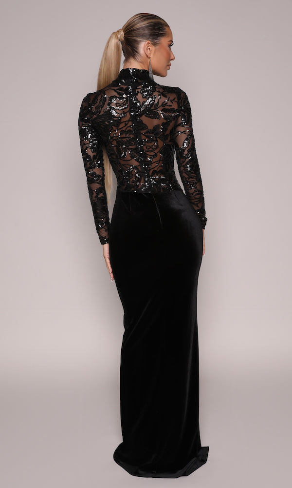 Onyx Sheer Sequin and Velvet Gown- Black