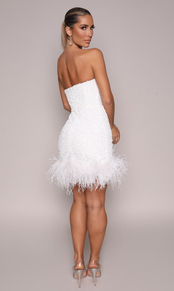 Ziva Strapless Sequin Mini Dress w/ Feather Trim- White