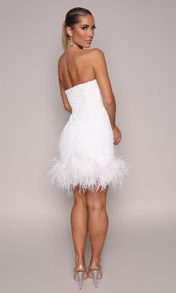 Ziva Strapless Sequin Mini Dress w/ Feather Trim- White – Moda Glam